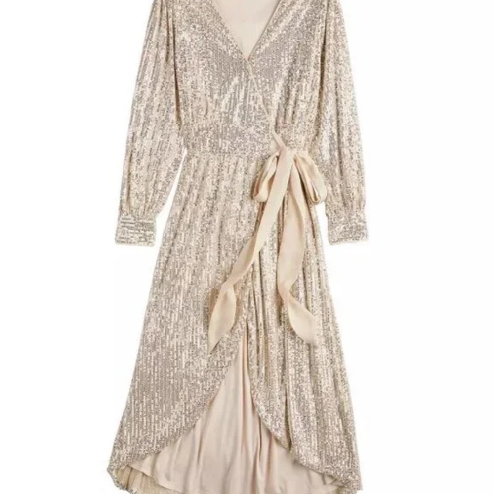 NWT XXL LC Lauren Conrad Womens Midi Modern Faux Wrap Dress Ivory Sequins
